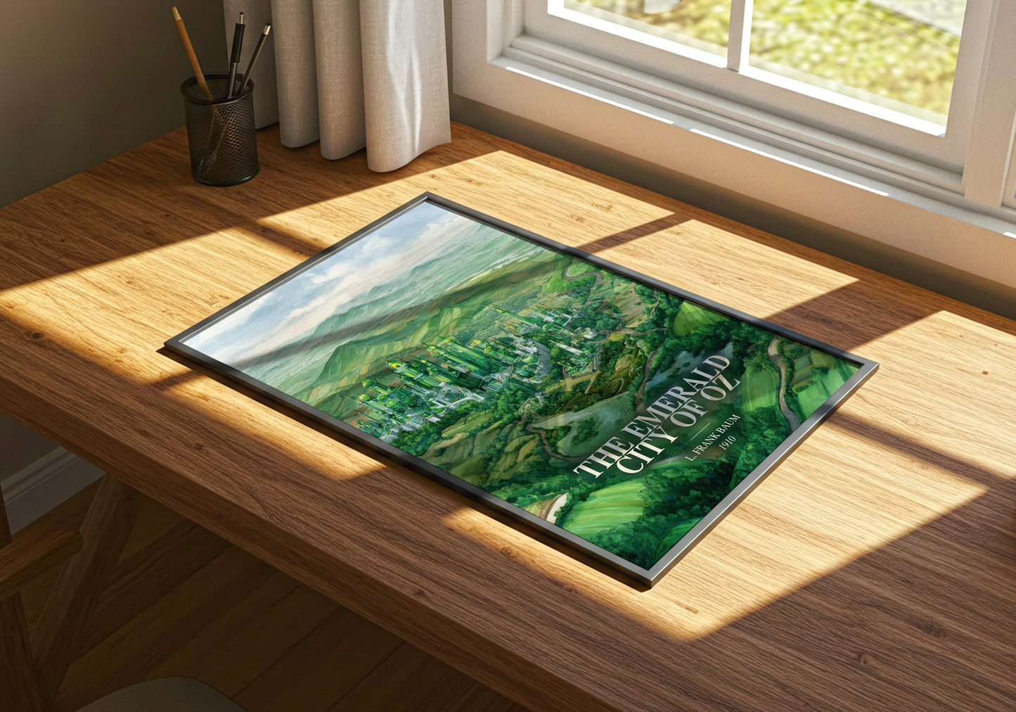 The Emerald City Of Oz watercolour book poster framed on wall – childrens wall art