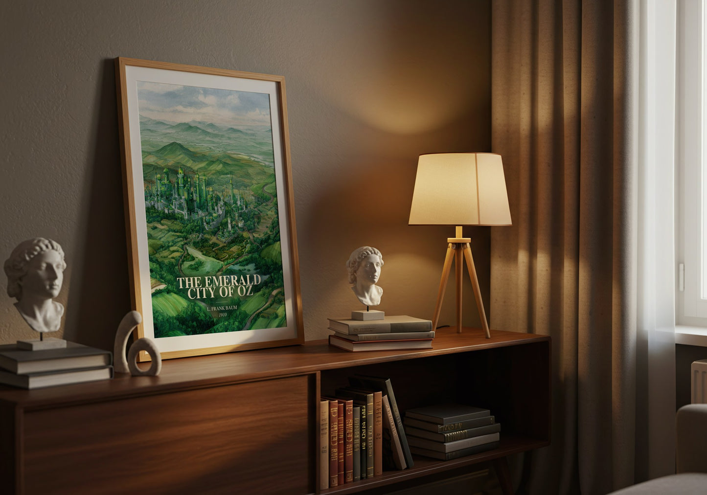 The Emerald City Of Oz watercolour print on bookshelf – L. Frank Baum fan gift