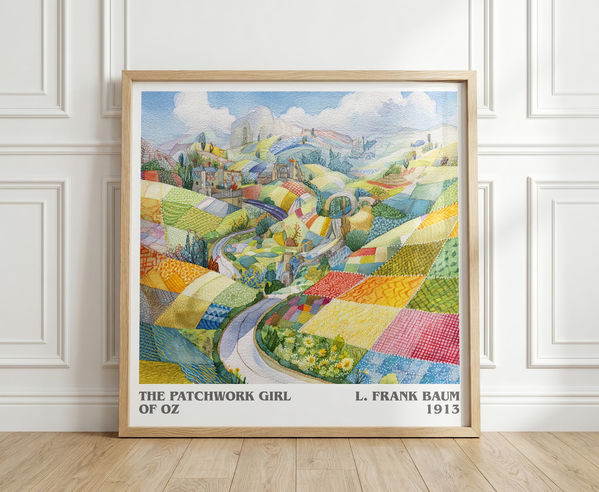 The Patchwork Girl Of Oz literary print in frame leaning in hallway – childrens wall art