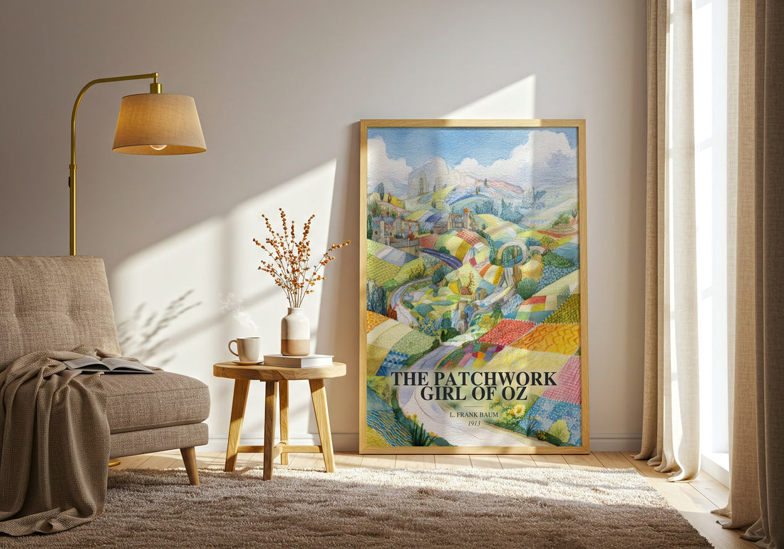 The Patchwork Girl Of Oz watercolour print in frame leaning in hallway – childrens wall art (mockup)