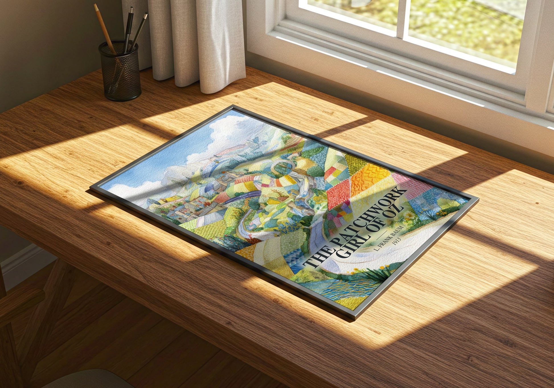 The Patchwork Girl Of Oz watercolour book poster framed on wall – childrens wall art