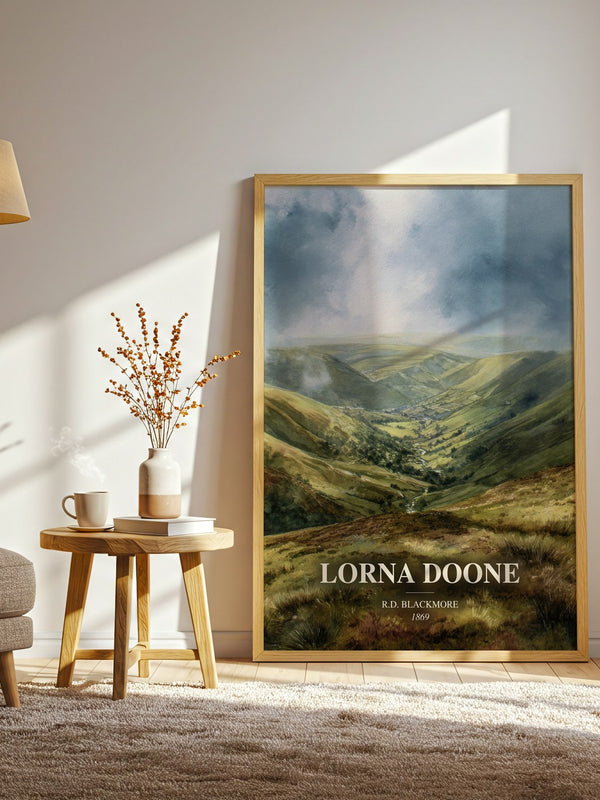 Lorna Doone watercolour print in frame leaning in hallway – historical fiction wall art