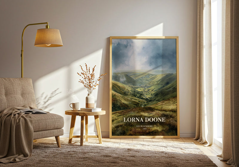 Lorna Doone watercolour print in frame leaning in hallway – historical fiction wall art