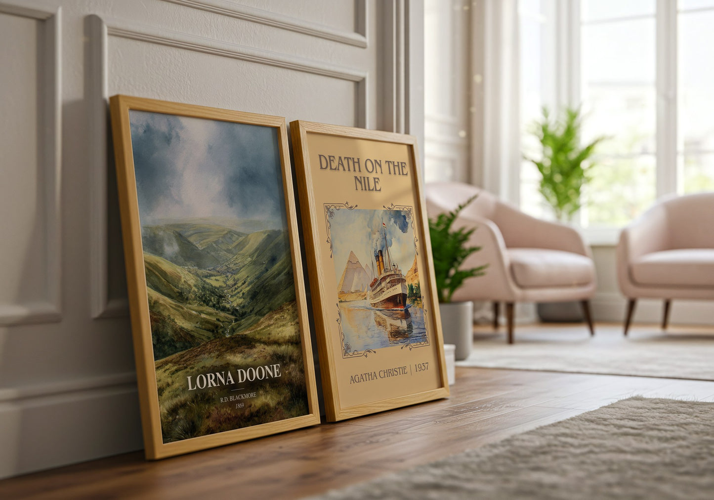 Lorna Doone watercolour print framed by window – literary home decor