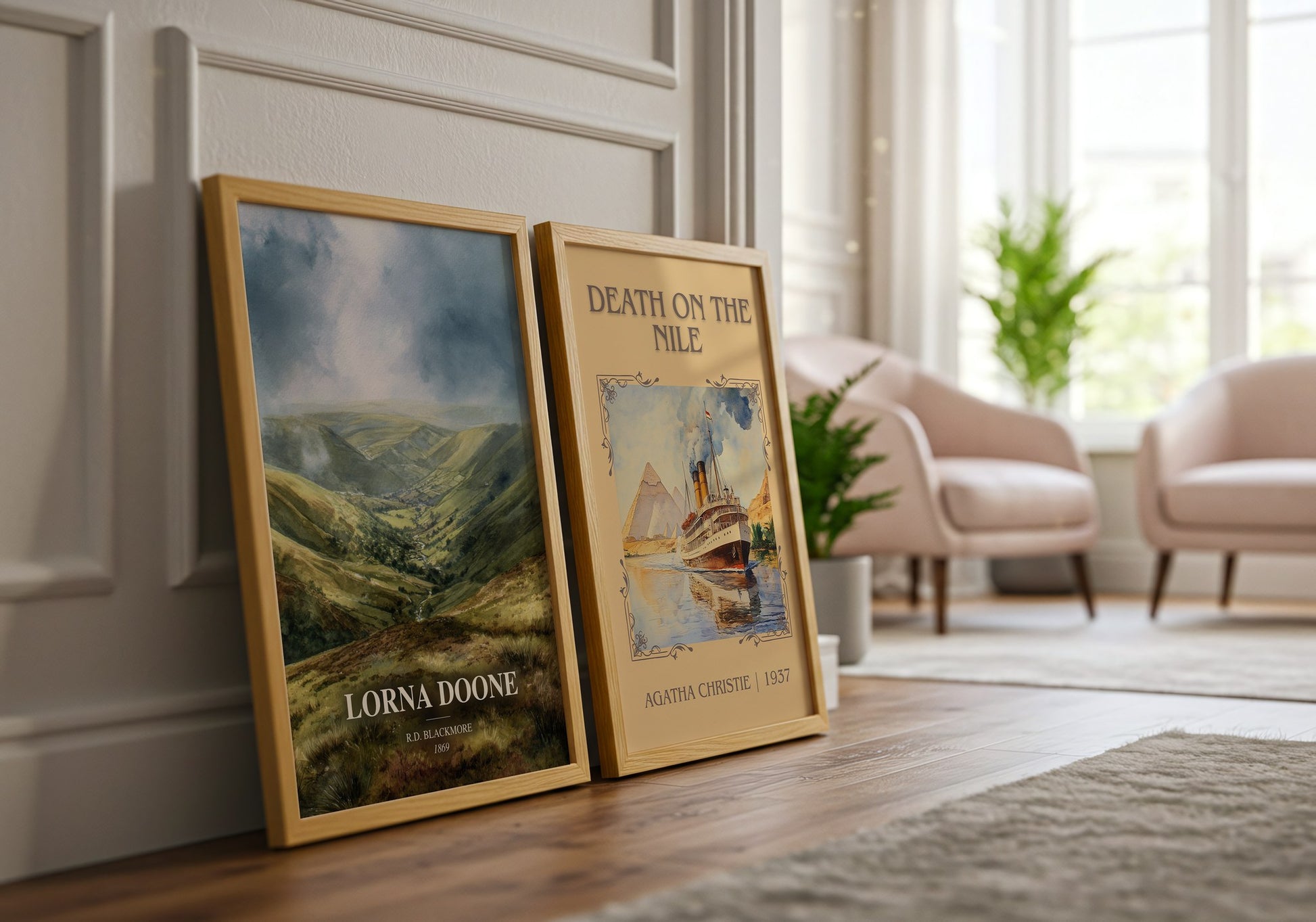 Lorna Doone watercolour print framed by window – literary home decor