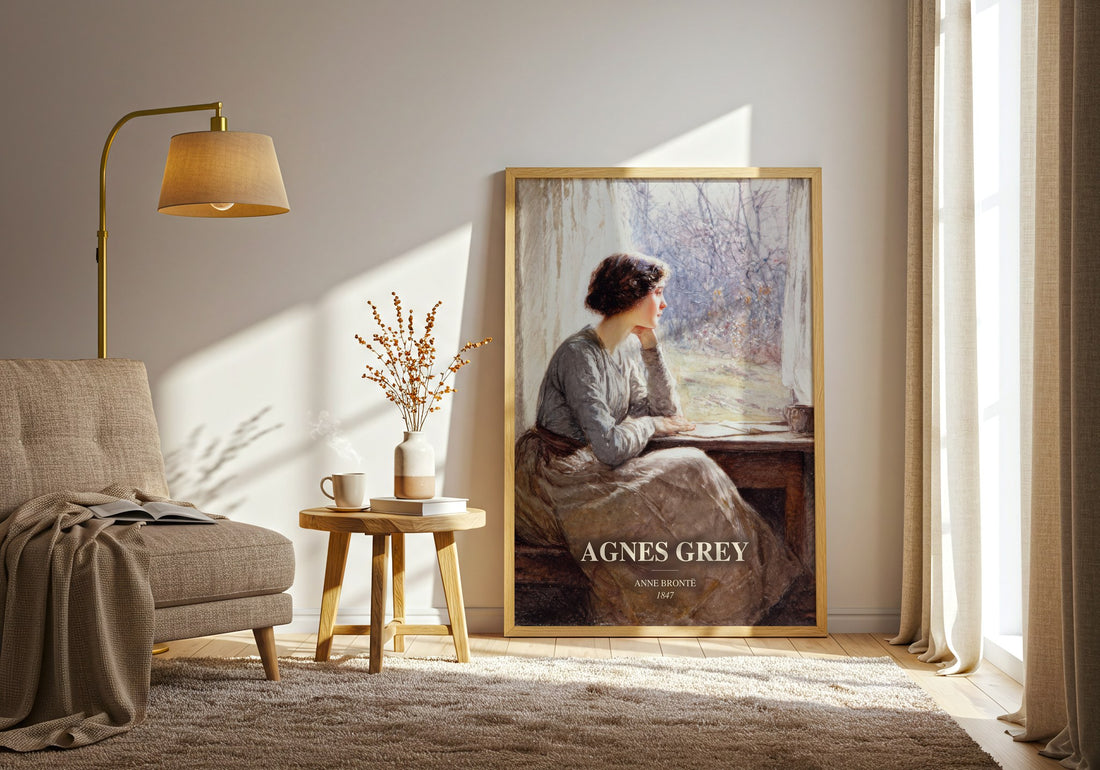 Agnes Grey watercolour print in frame leaning in hallway – classic literature wall art (mockup)