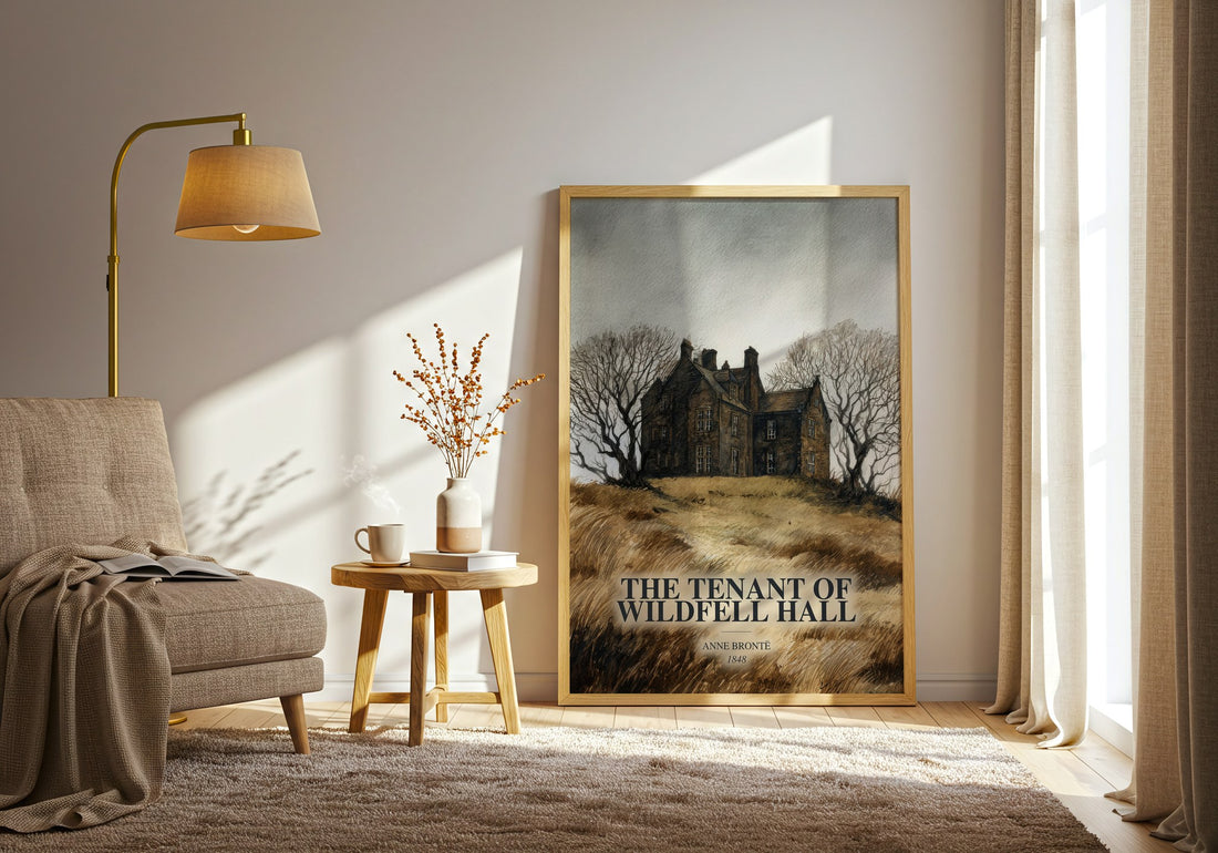 The Tenant Of Wildfell Hall watercolour print in frame leaning in hallway – classic literature wall art (mockup)