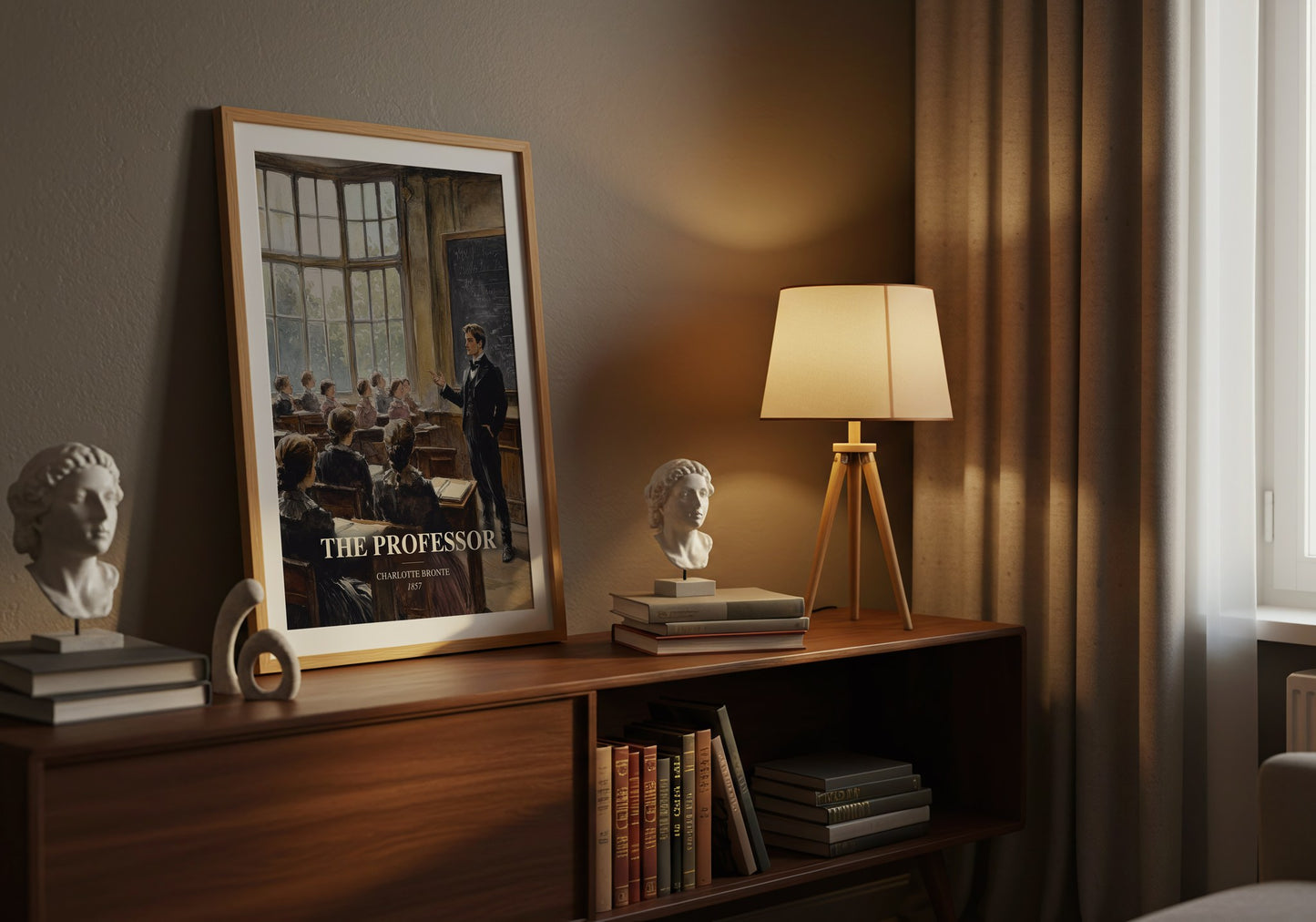 The Professor watercolour print on bookshelf – Charlotte Bronte fan gift