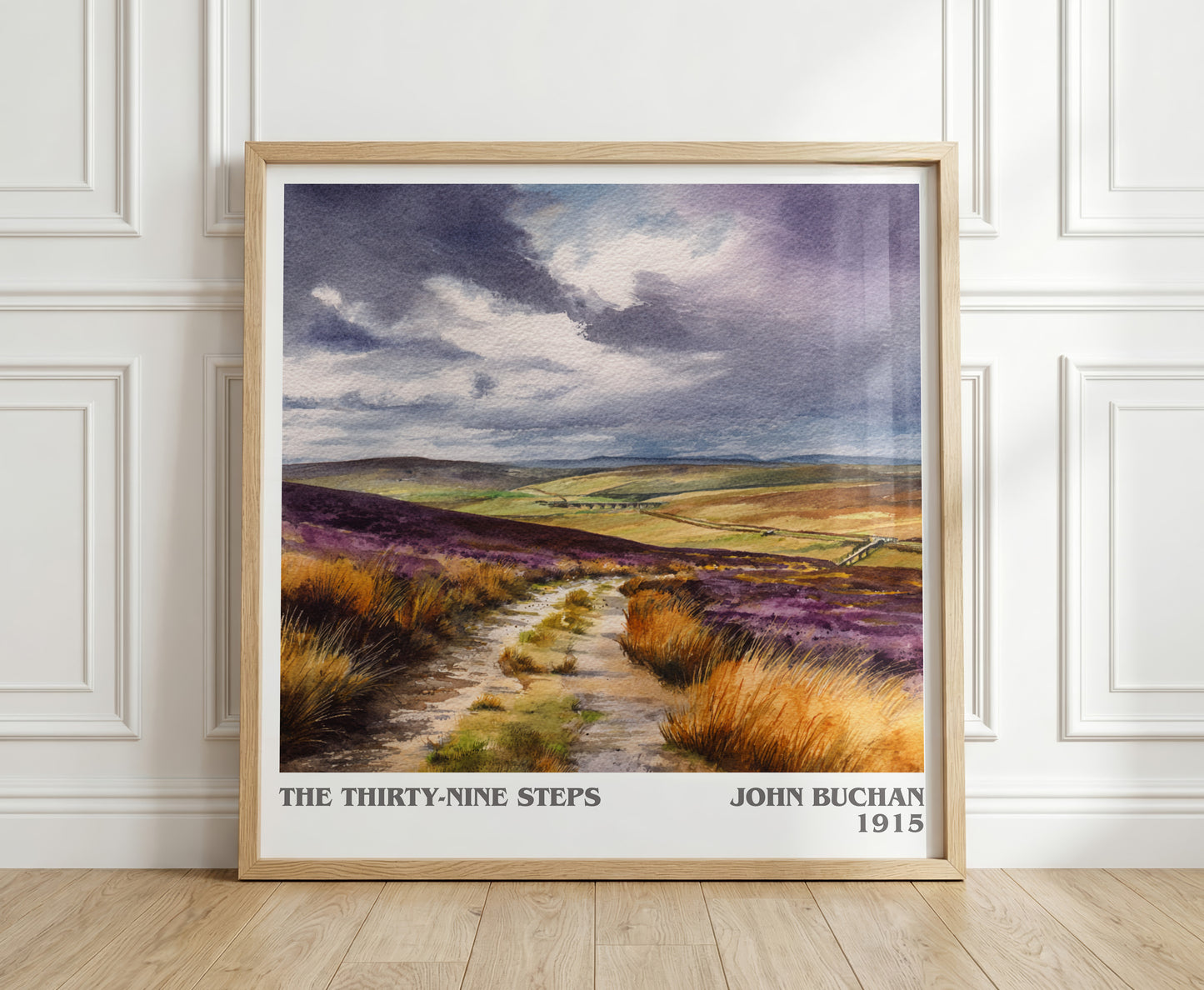 The Thirty-Nine Steps literary print in frame leaning in hallway – classic literature wall art