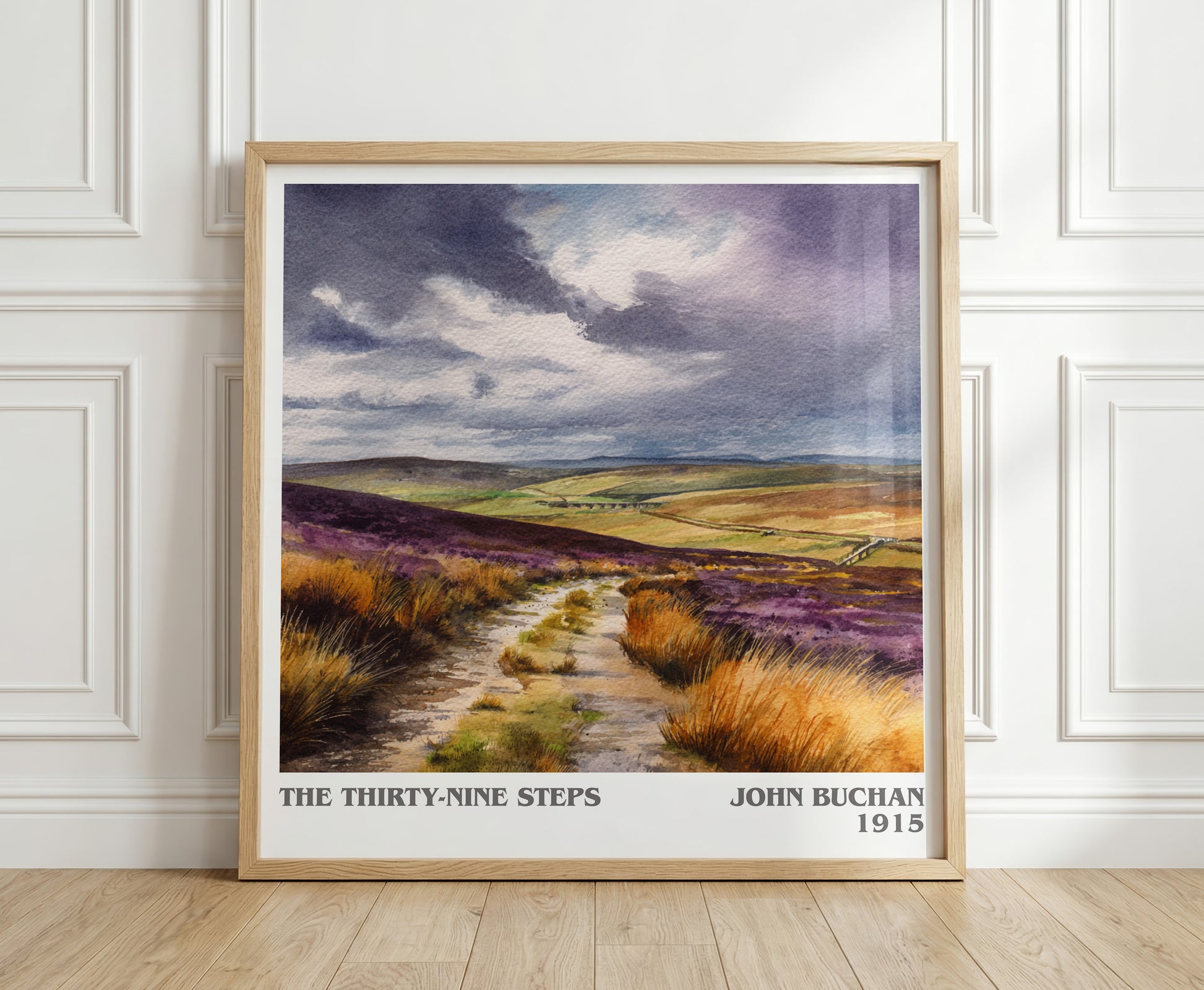 The Thirty-Nine Steps literary print in frame leaning in hallway – classic literature wall art
