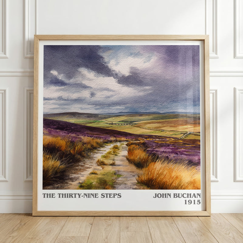 The Thirty-Nine Steps literary print in frame leaning in hallway – classic literature wall art