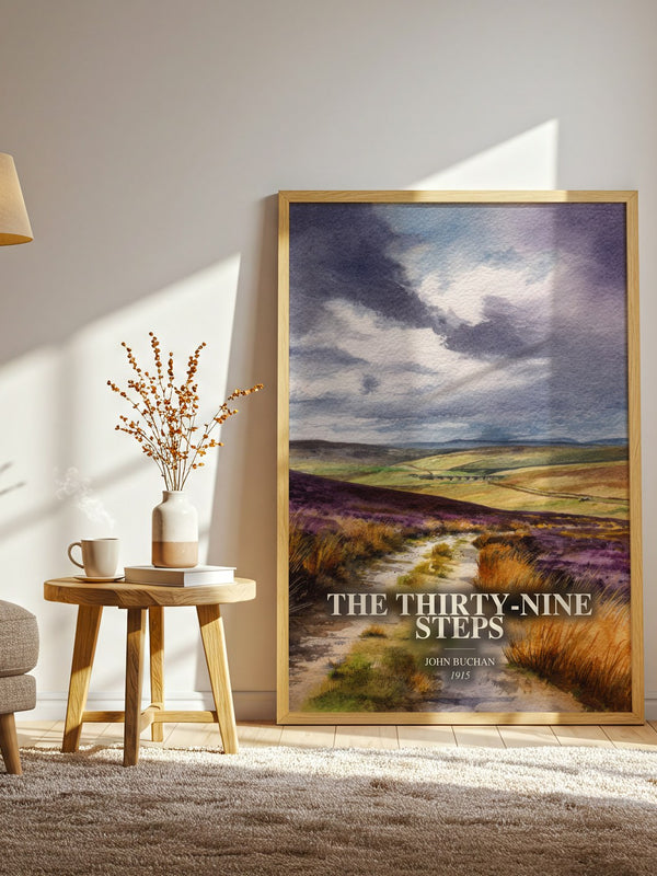 The Thirty-Nine Steps watercolour print in frame leaning in hallway – thriller wall art