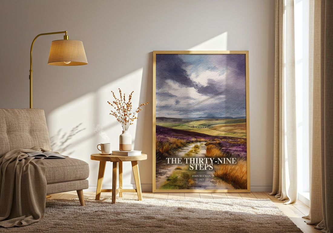 The Thirty-Nine Steps watercolour print in frame leaning in hallway – thriller wall art (mockup)
