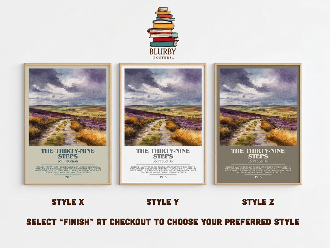 The Thirty-Nine Steps bookish print in frame leaning in hallway – classic literature wall art (mockup)