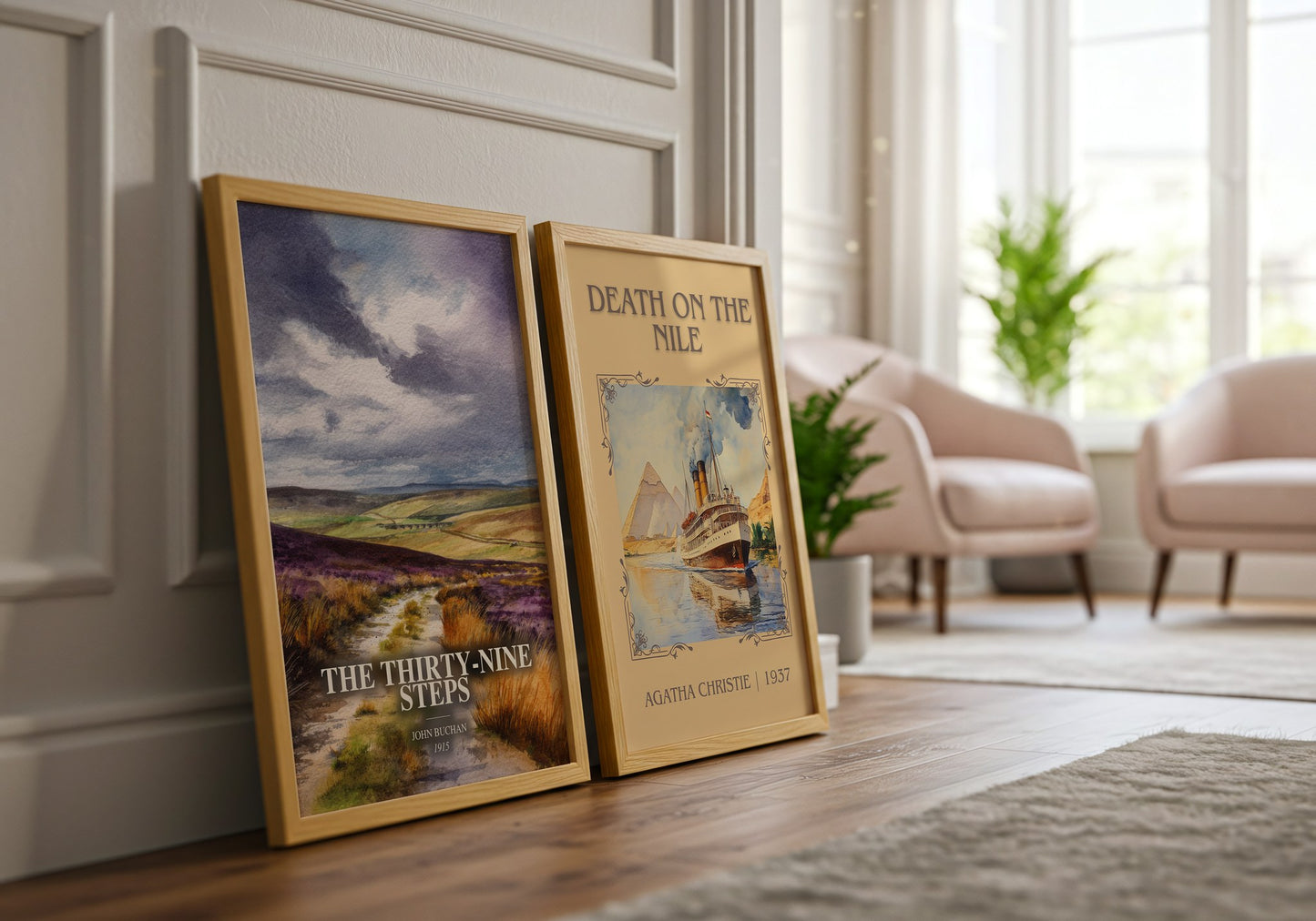 The Thirty-Nine Steps watercolour print framed by window – literary home decor