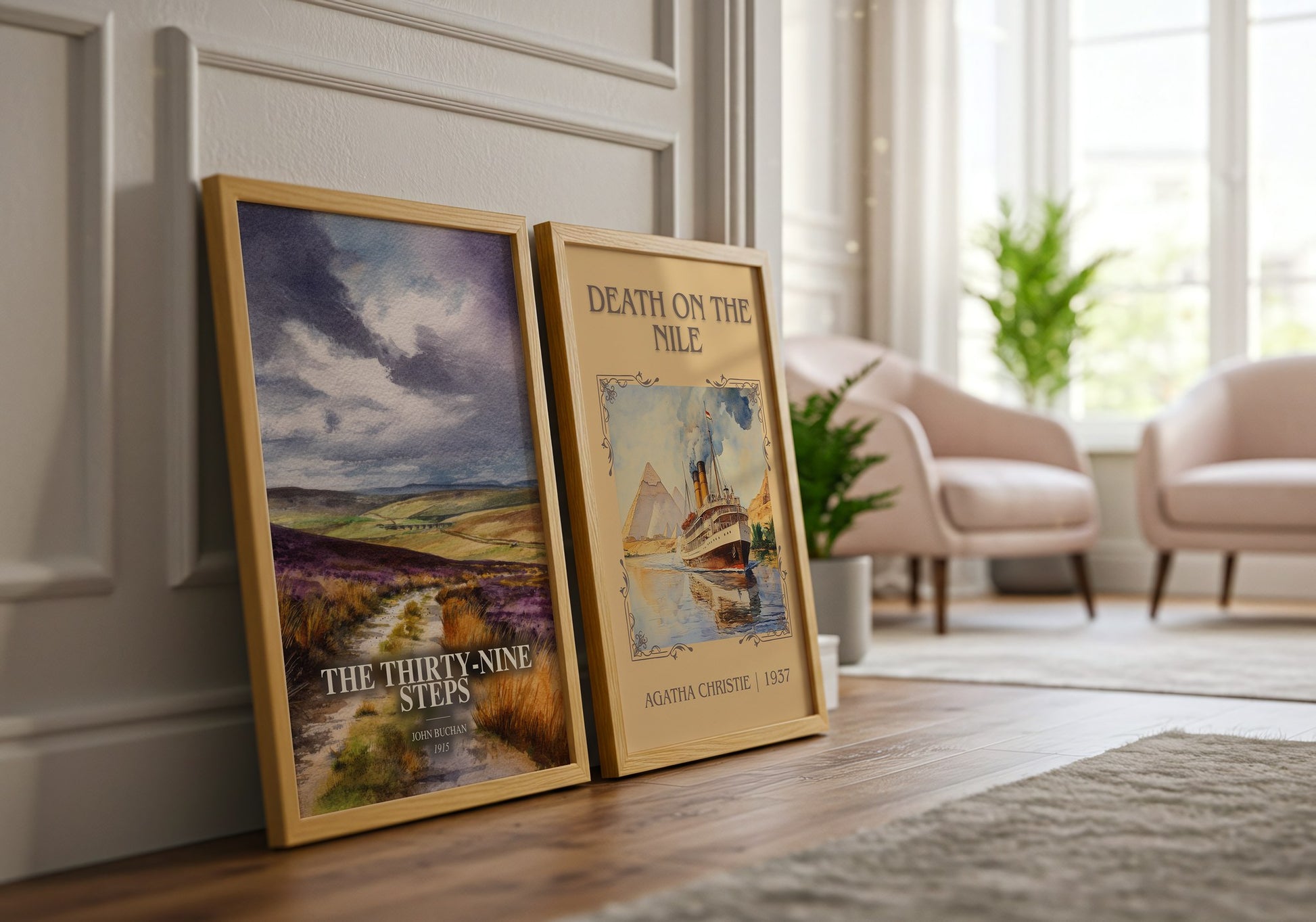 The Thirty-Nine Steps watercolour print framed by window – literary home decor