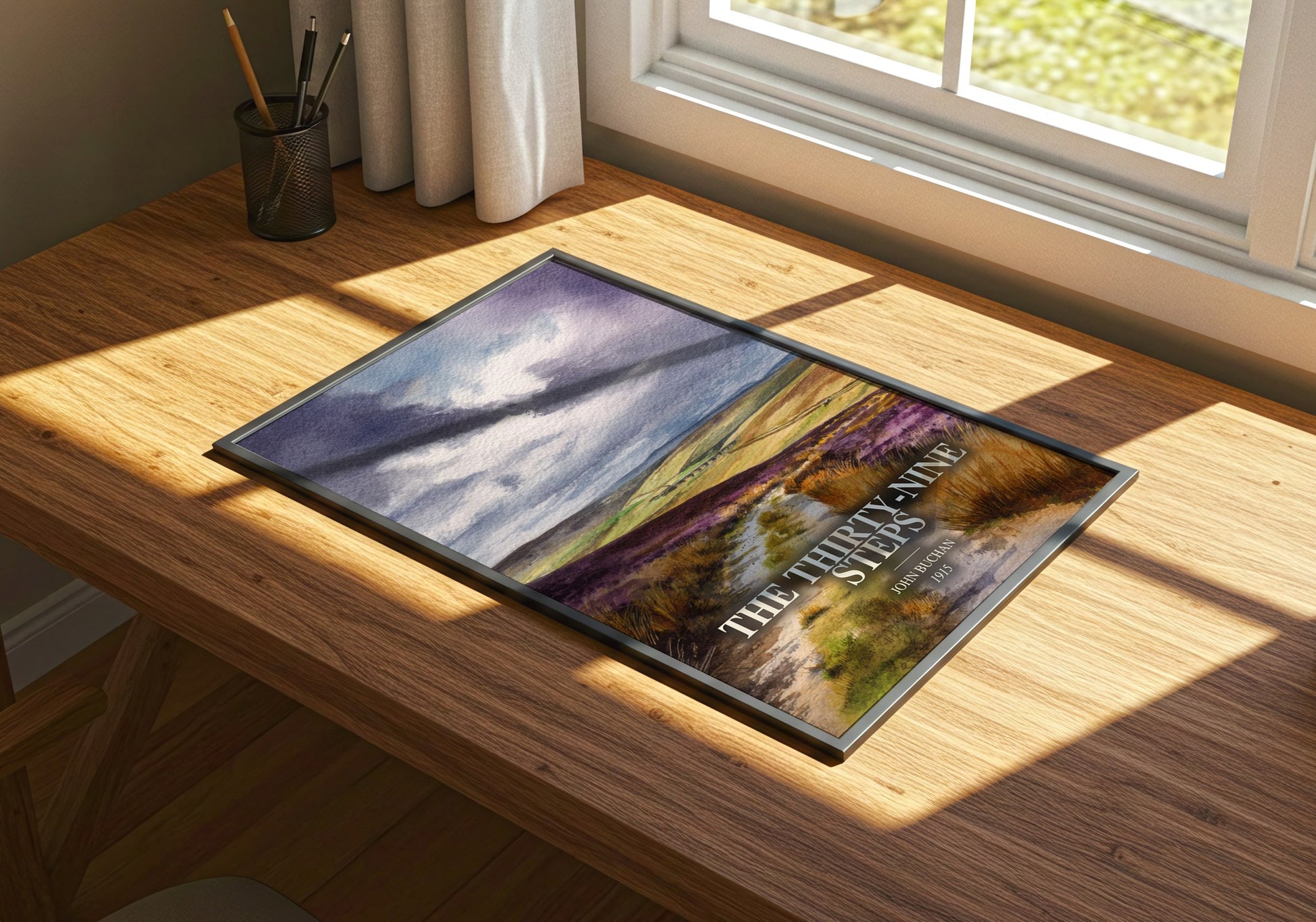 The Thirty-Nine Steps watercolour book poster framed on wall – thriller wall art