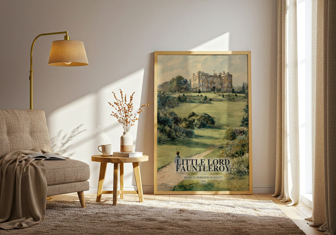 Little Lord Fauntleroy watercolour print in frame leaning in hallway – childrens wall art (mockup)