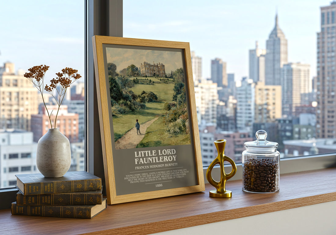 Little Lord Fauntleroy Bookish Wall Art by Frances Hodgson Burnett – framed print on a city-view windowsill