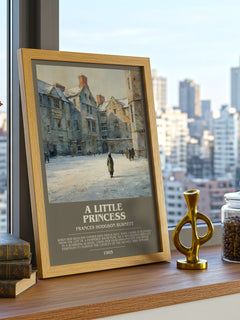 A Little Princess Bookish Wall Art by Frances Hodgson Burnett – framed print on a city-view windowsill