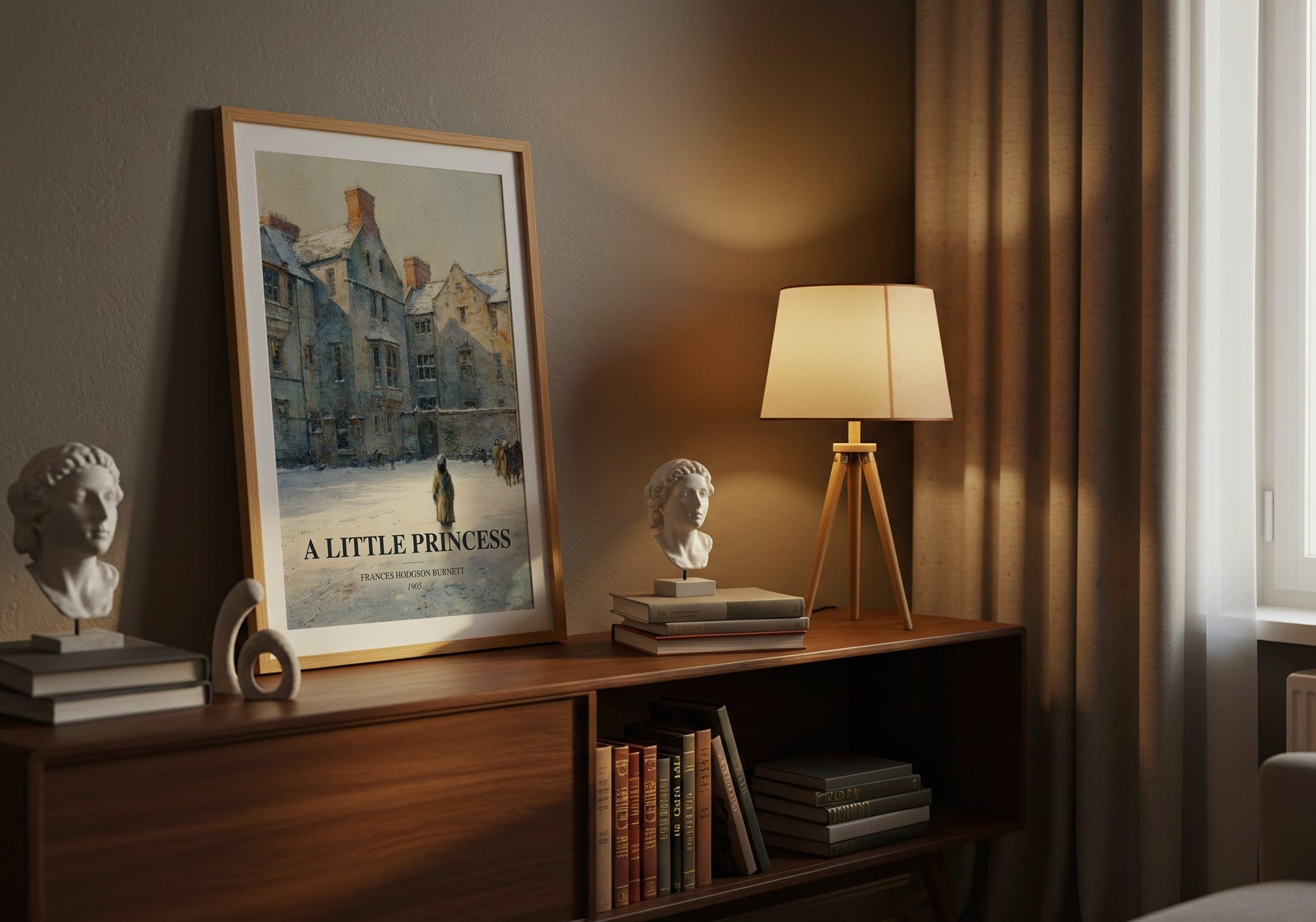 A Little Princess watercolour print on bookshelf – Frances Hodgson Burnett fan gift