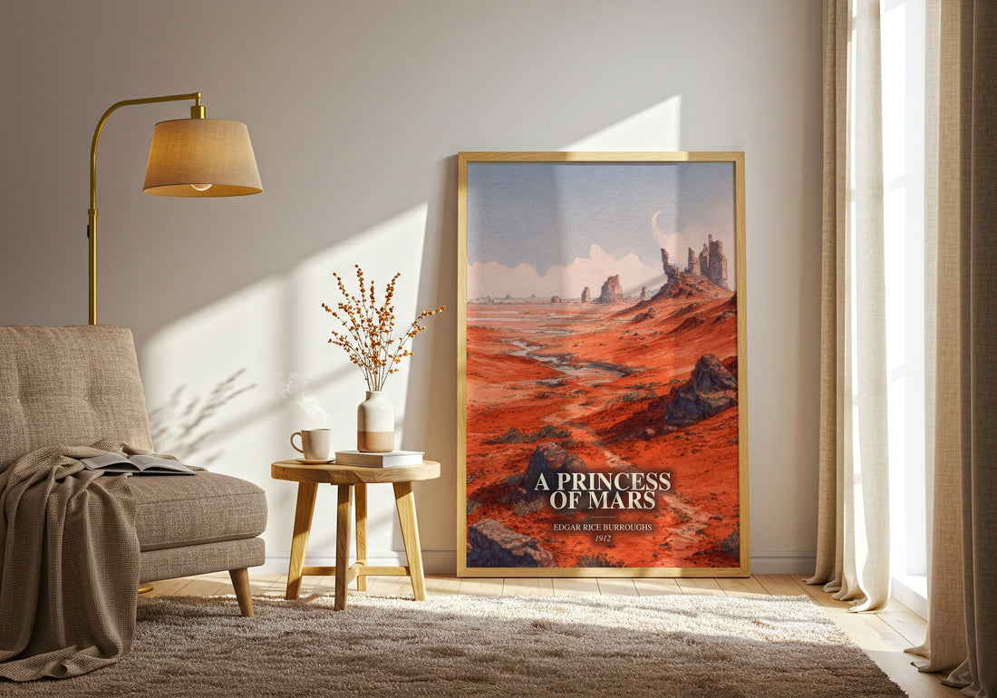 A Princess Of Mars watercolour print in frame leaning in hallway – sci fi wall art (mockup)
