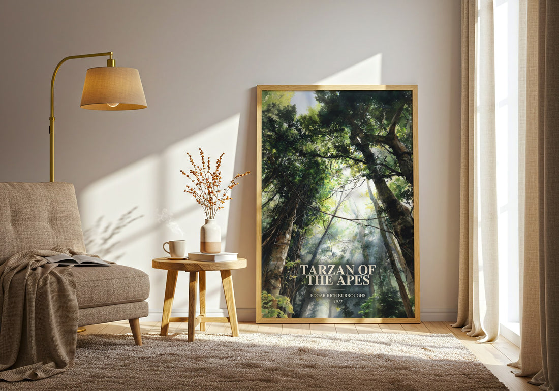 Tarzan Of The Apes watercolour print in frame leaning in hallway – adventure wall art (mockup)