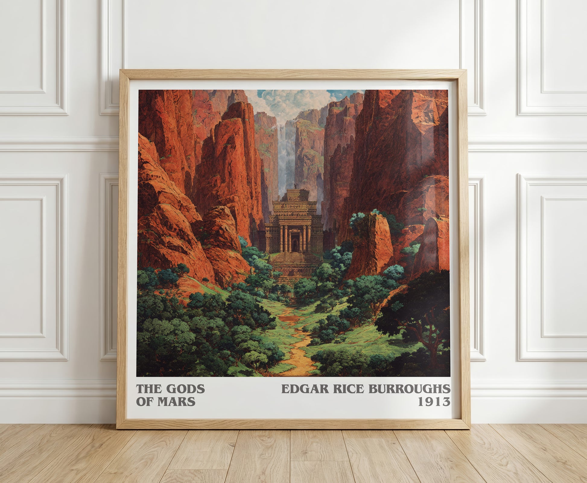 Gods of Mars literary print in frame leaning in hallway – adventure wall art