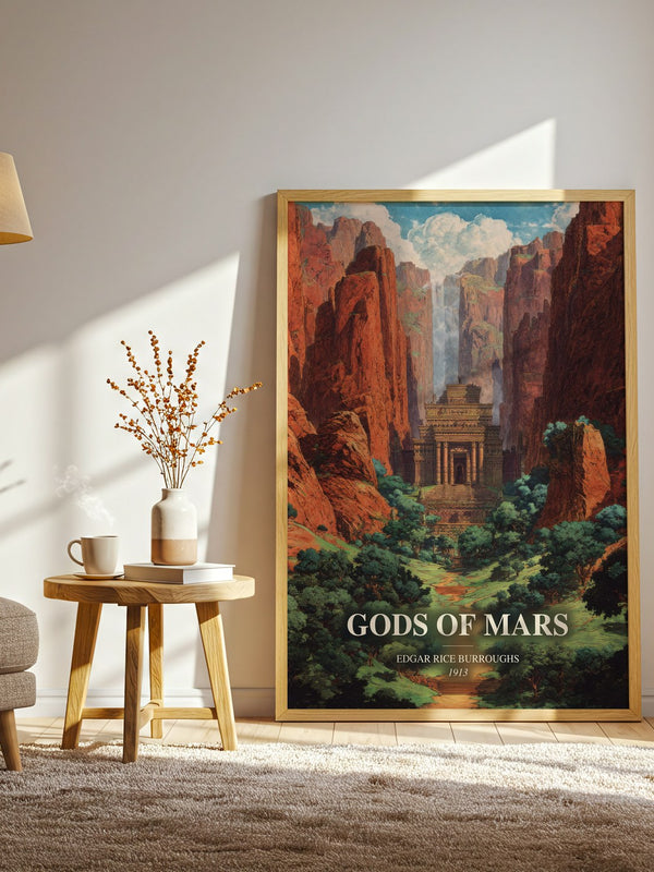 Gods Of Mars watercolour print in frame leaning in hallway – sci fi wall art