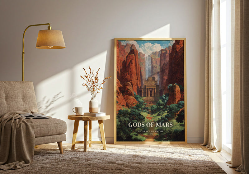 Gods Of Mars watercolour print in frame leaning in hallway – sci fi wall art