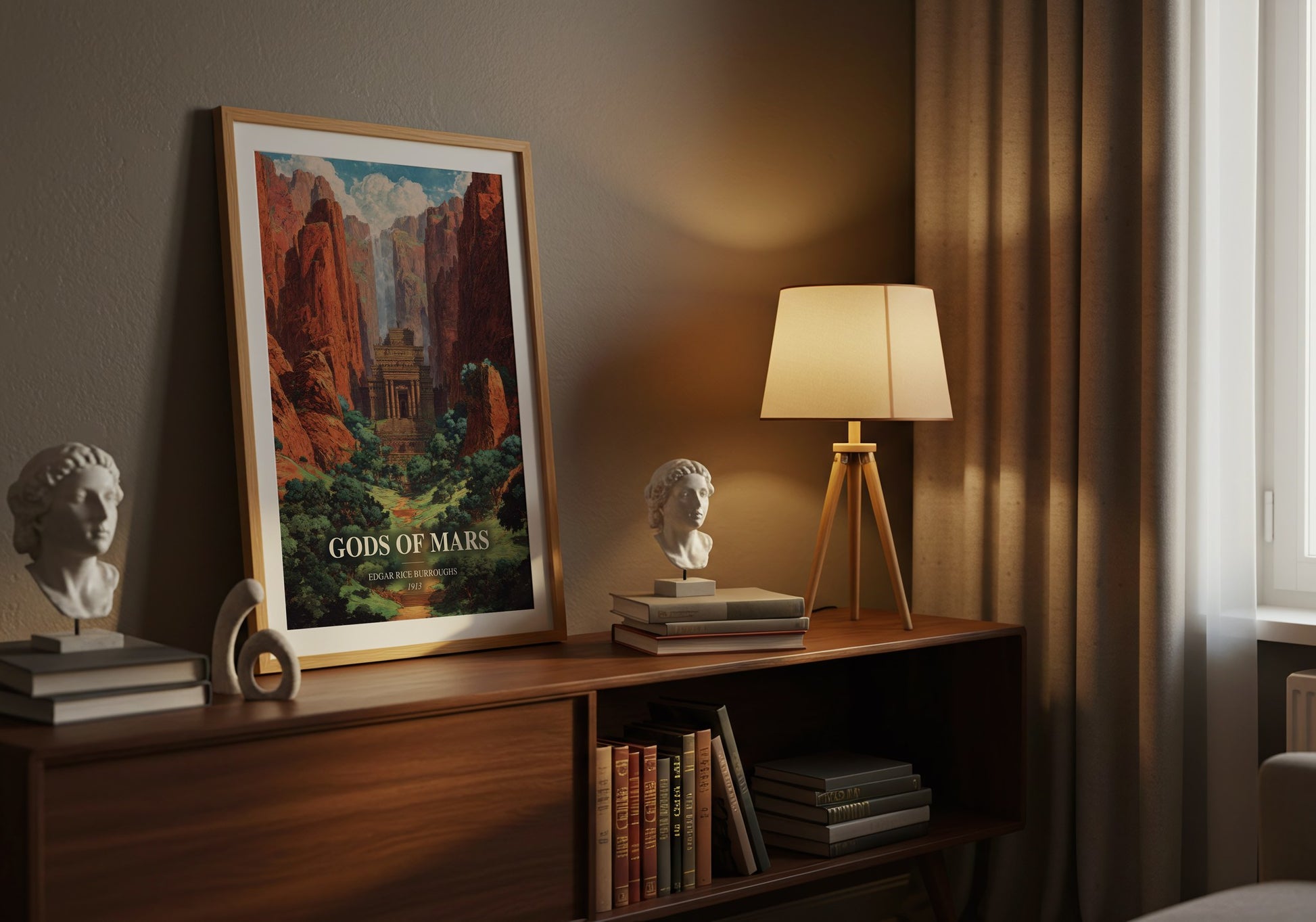 Gods Of Mars watercolour print on bookshelf – Edgar Rice Burroughs fan gift