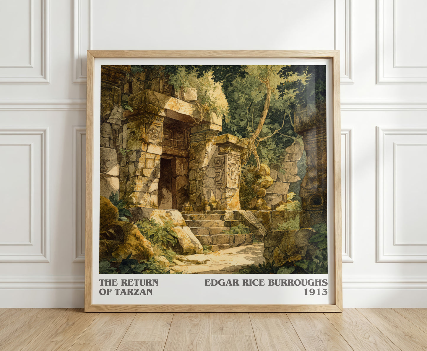 The Return Of Tarzan literary print in frame leaning in hallway – adventure wall art