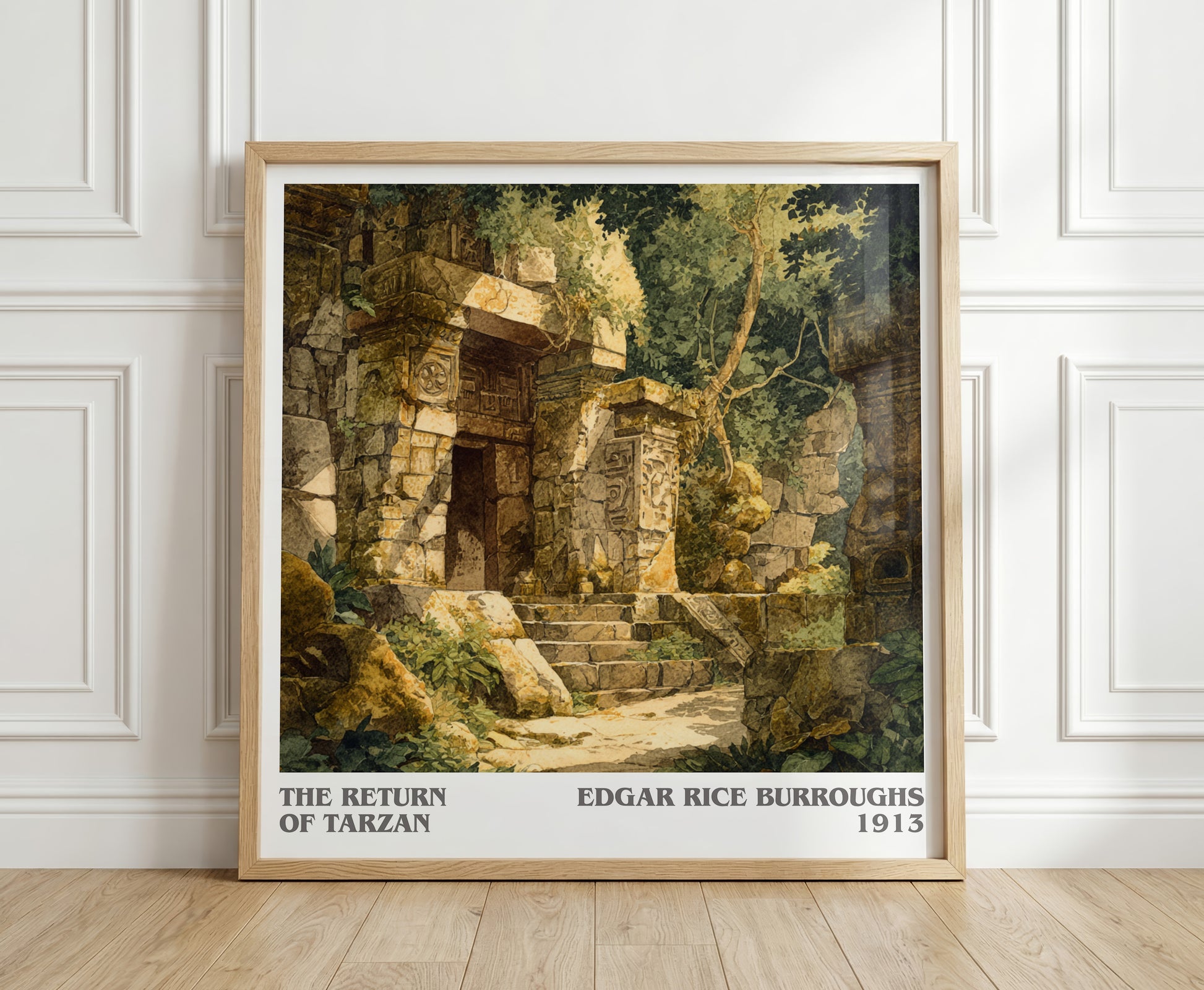 The Return Of Tarzan literary print in frame leaning in hallway – adventure wall art