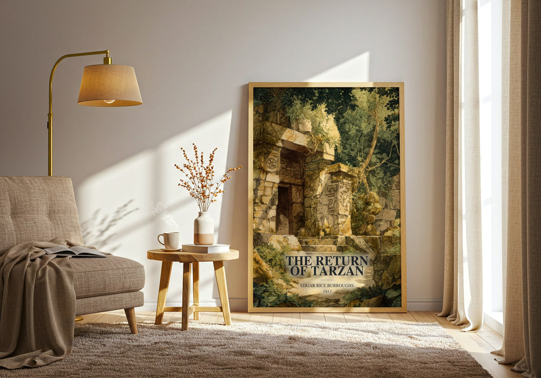 The Return Of Tarzan watercolour print in frame leaning in hallway – adventure wall art (mockup)