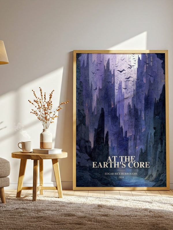 At The Earth'S Core watercolour print in frame leaning in hallway – sci fi wall art