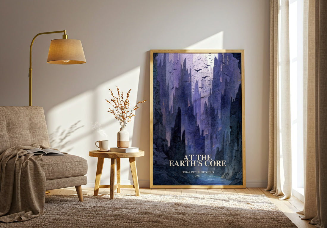 At The Earth'S Core watercolour print in frame leaning in hallway – sci fi wall art (mockup)