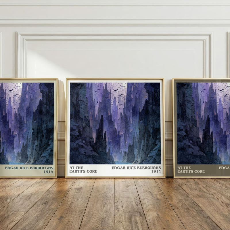 At The Earth's Core literary print in frame leaning in hallway – adventure wall art