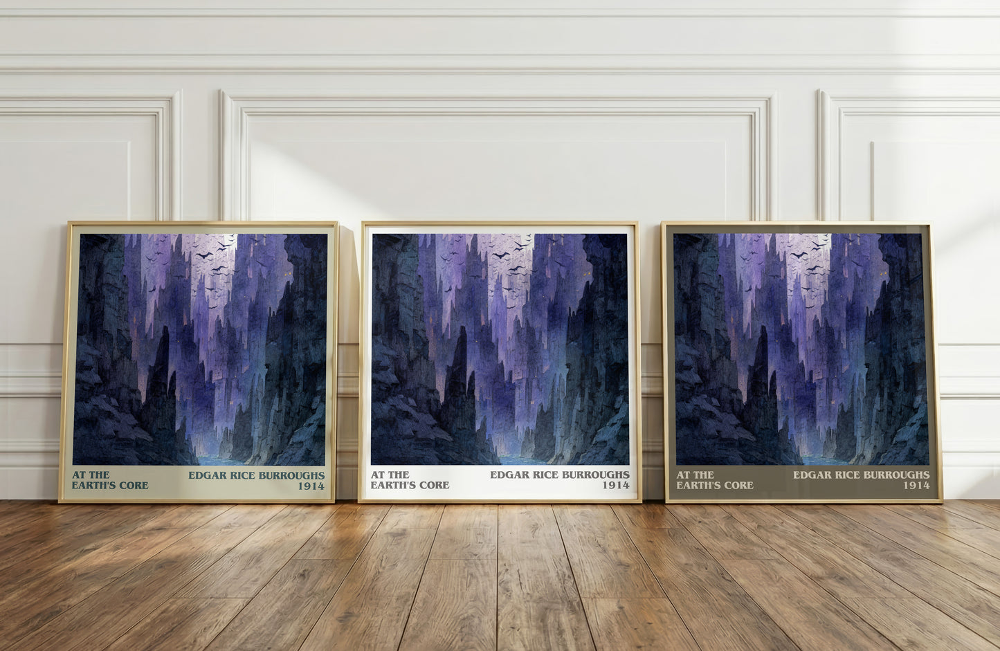 At The Earth's Core literary print in frame leaning in hallway – adventure wall art
