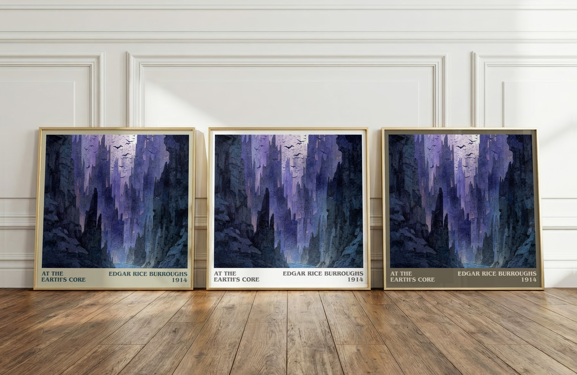 At The Earth's Core literary print in frame leaning in hallway – adventure wall art