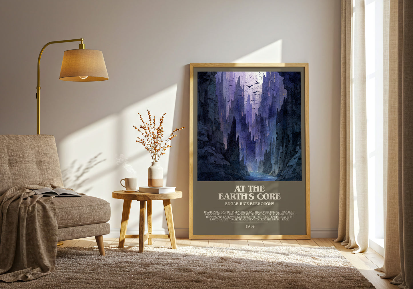 At The Earth's Core bookish print framed by window – literary home decor