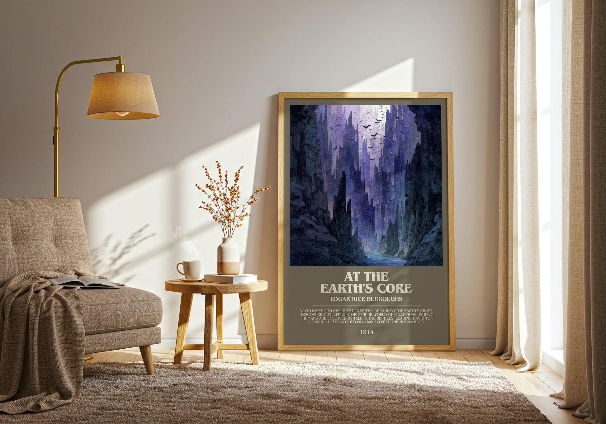 At The Earth's Core bookish print framed by window – literary home decor