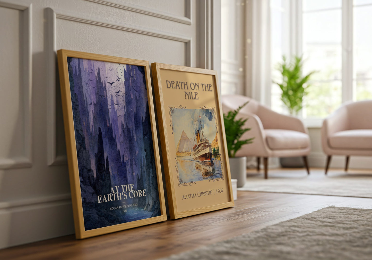At The Earth'S Core watercolour print framed by window – literary home decor