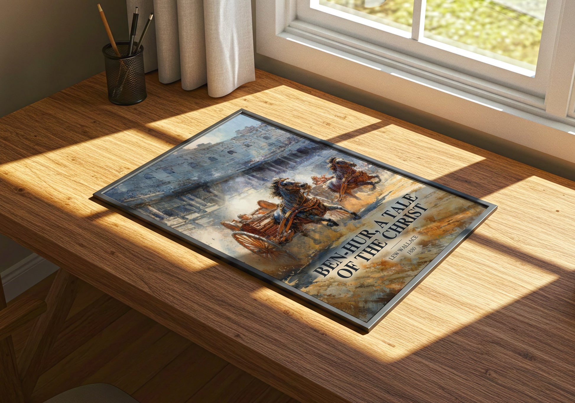 Ben-Hur, A Tale Of The Christ watercolour book poster framed on wall – historical fiction wall art