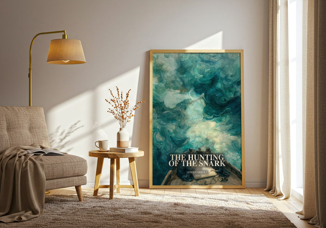 The Hunting Of The Snark watercolour print in frame leaning in hallway – poetry wall art (mockup)
