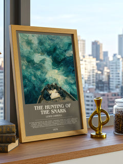 The Hunting Of The Snark Bookish Wall Art by Lewis Carroll – framed print on a city-view windowsill