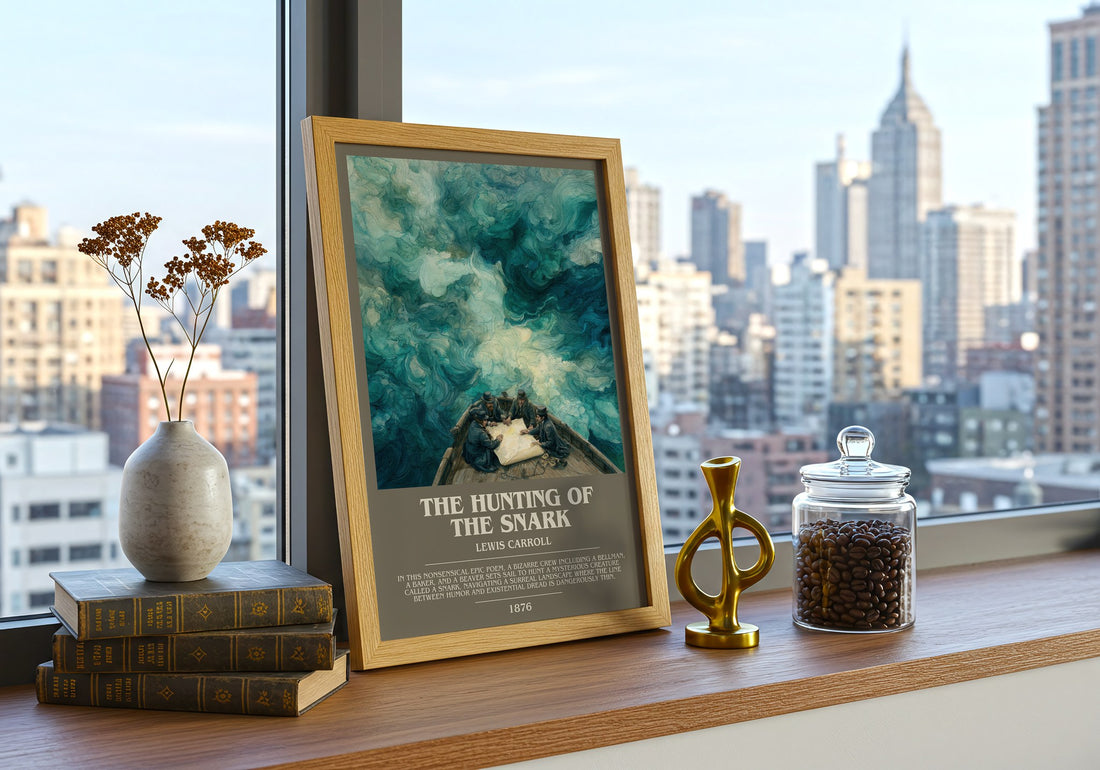 The Hunting Of The Snark Bookish Wall Art by Lewis Carroll – framed print on a city-view windowsill
