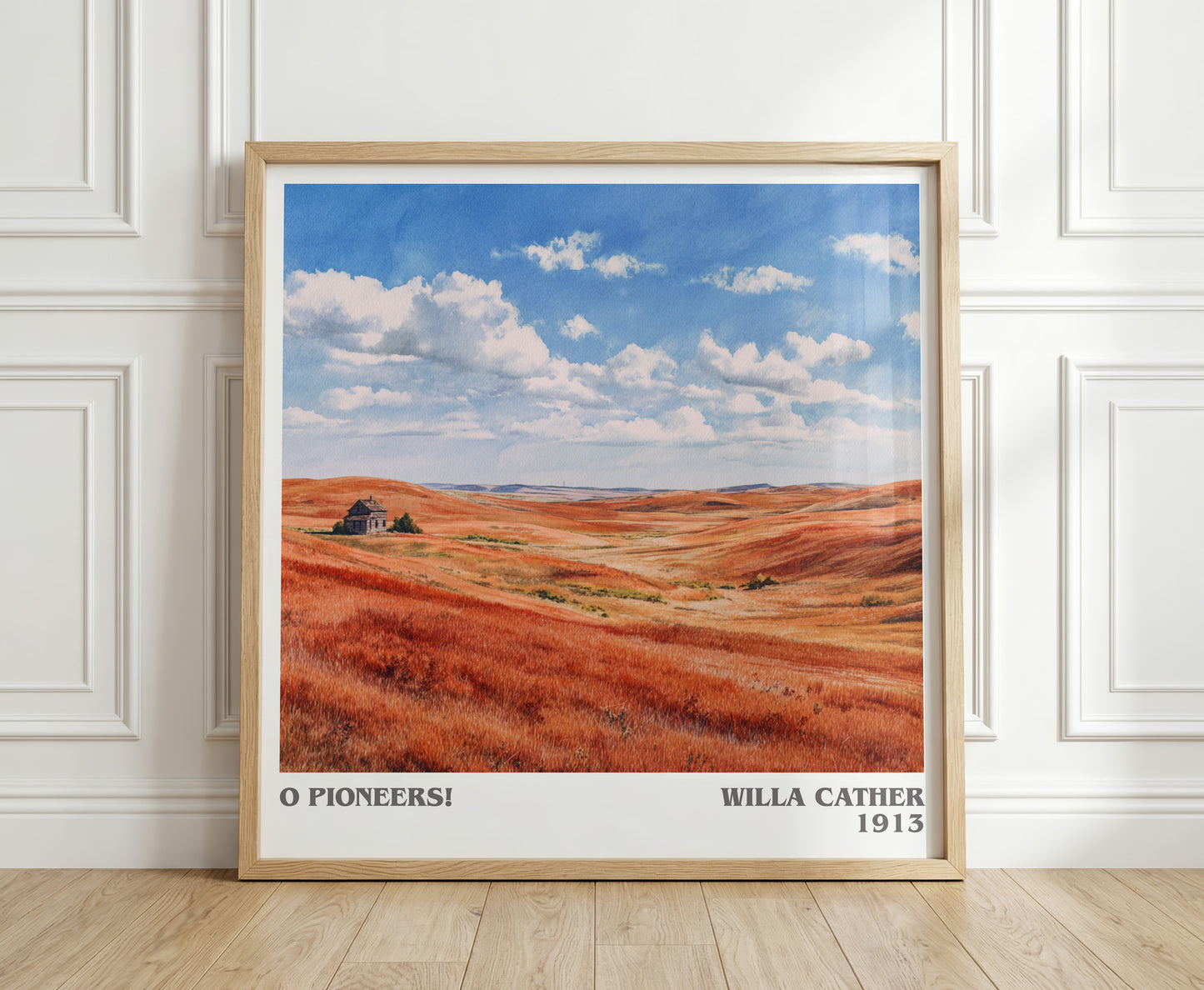 O Pioneers! literary print in frame leaning in hallway – poetry wall art