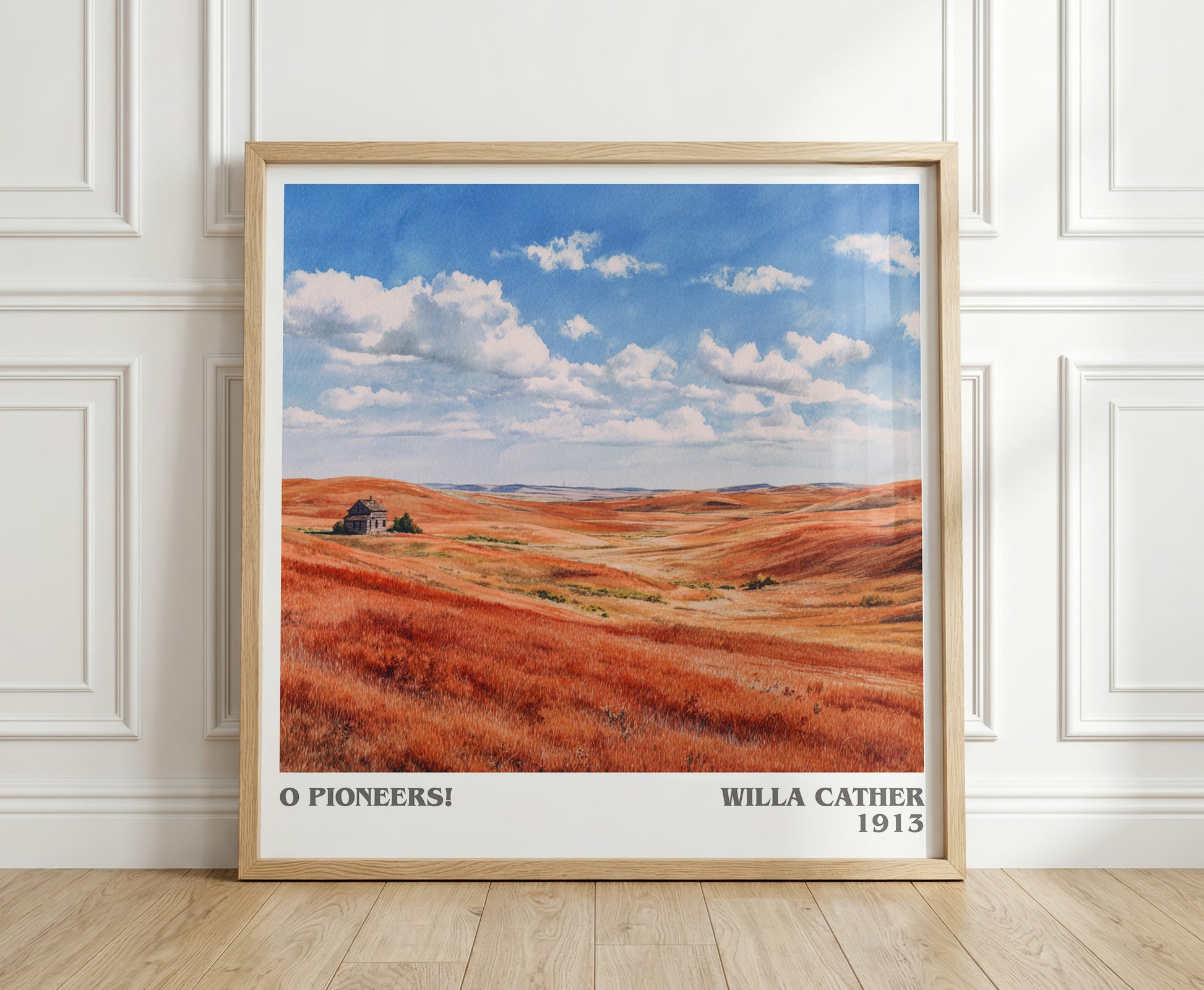 O Pioneers! literary print in frame leaning in hallway – poetry wall art