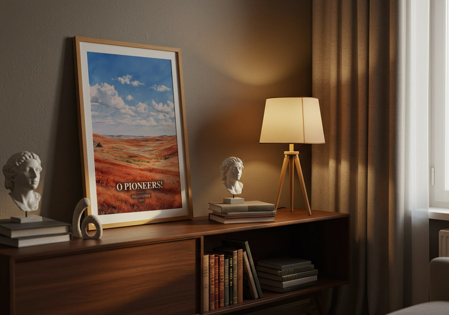 O Pioneers! watercolour print on bookshelf – Willa Cather fan gift