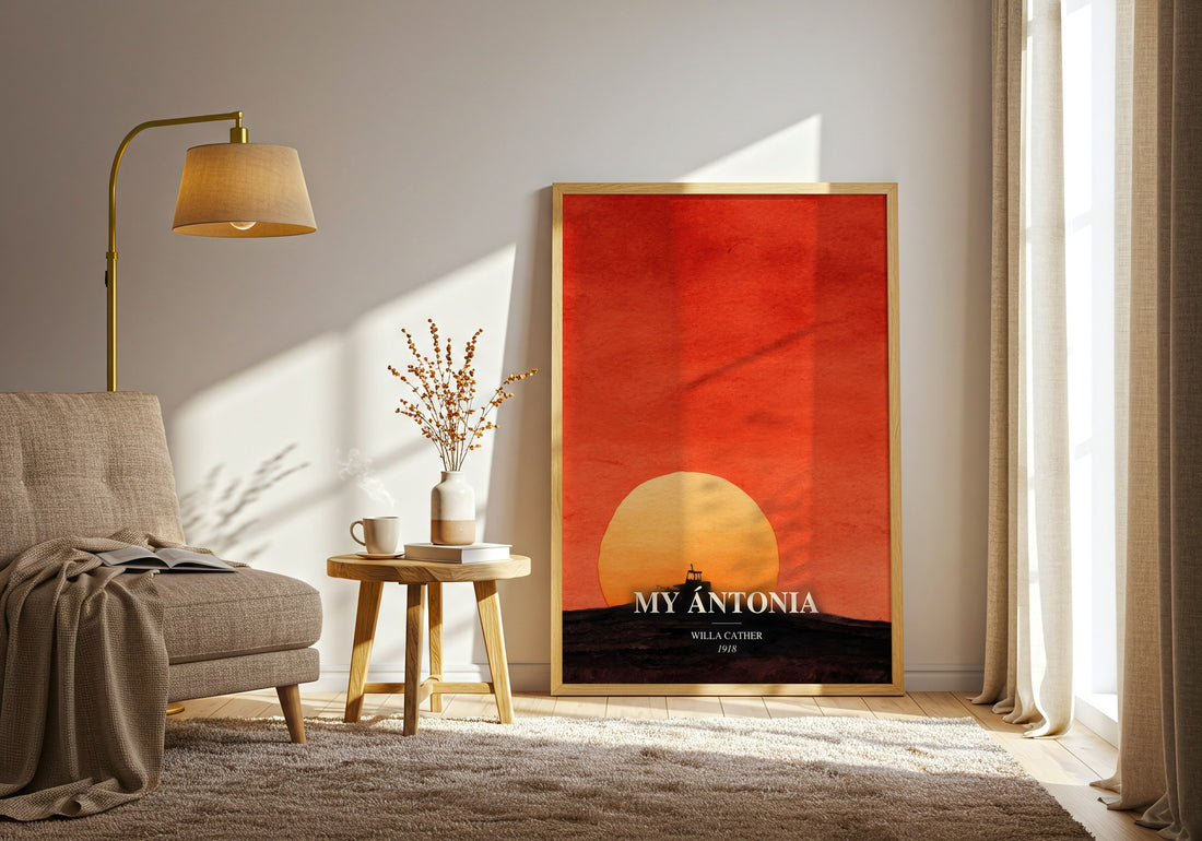 My Ántonia watercolour print in frame leaning in hallway – classic literature wall art (mockup)